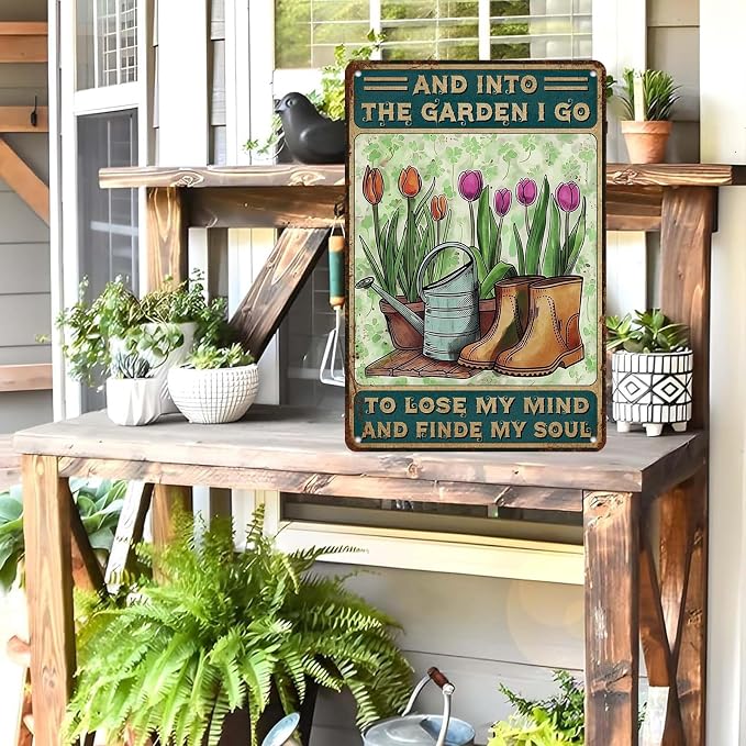 Gardening Metal Tin Sign - Retro Garden Quote Wall Art Decor - 'Into The Garden I Go To Lose My Mind' - Indoor/Outdoor - 12 * 8in