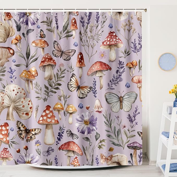 Purple Cute Musrhoom Shower Curtain, Rustic Boho Floral Fabric Shower Curtains for Bathroom, Vintage Chic Wildflower Butterfly Cloth Fairy Witchy Botanical Shower Curtain Set with Hooks 72X72 Inch