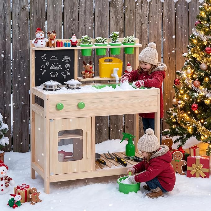 HONEY JOY Mud Kitchen with Running Water, Fir Wood Play Kitchen for Toddlers, 4 Planter Pots w/Accessories, Chalkboard, Sink & Faucet, Outdoor Kids Kitchen Playset for Garden Fun (4 Planter Boxes)