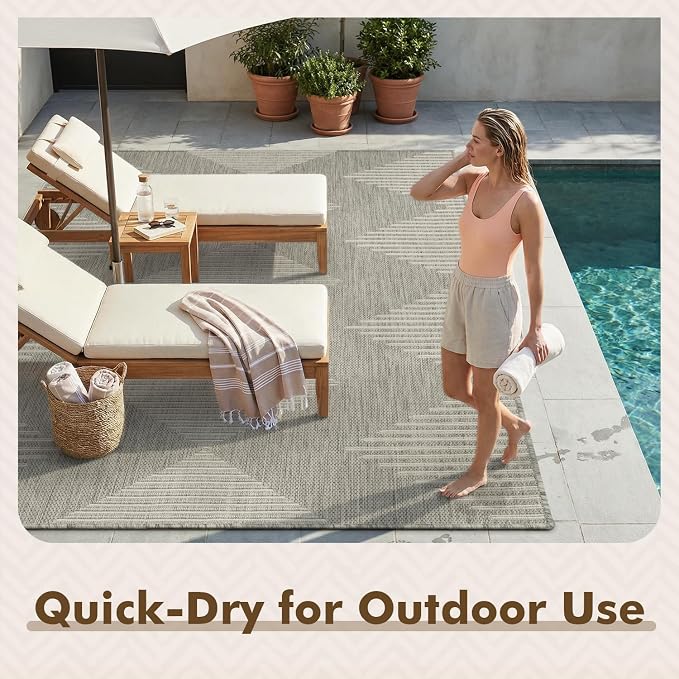 MontVoo-Outdoor Rug Carpet Patio Rug 8x10 Polypropylene Indoor Outdoor Rugs for Patio Deck Balcony Porch, Textured Weave, Durable for High Traffic, Fade-Resistant, Boho Geometric Silver Grey