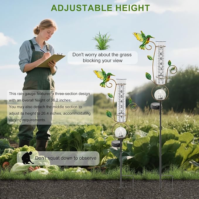 Rain Gauge Outdoor, for Women/Mom/Grandma, Upgraded Solar Rain Gauges Hummingbird with Color Changing LED Cracked Ball Lights 7" Measuring Cup for Yard Lawn Garden Decor