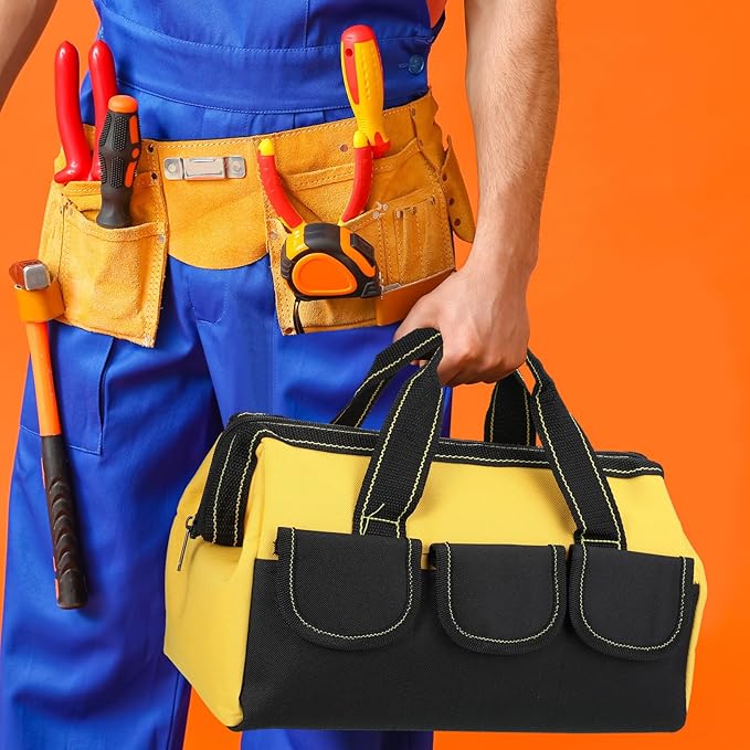 Silkfly 8 Pcs Tool Bags for Men Heavy Duty with Waterproof Hard Bottom Wide Mouth Large Tool Tote Bag Multi Pockets Organizer Tools Kit for Electrician Carpenter Mechanic Dad Gifts(16 Inch)