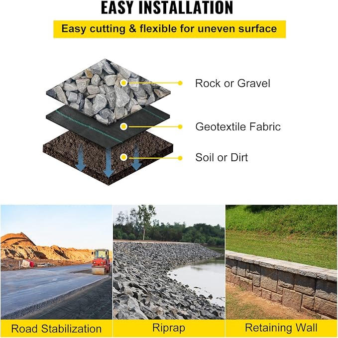 VEVOR Weed Fabric Barrier Heavy Duty, 12.5x50ft 3.5oz Weed Blocker, Woven Landscape, Garden Weed Barrier, Weed Control Fabric Ground Cover, Geotextile, Gardening Mat, Black
