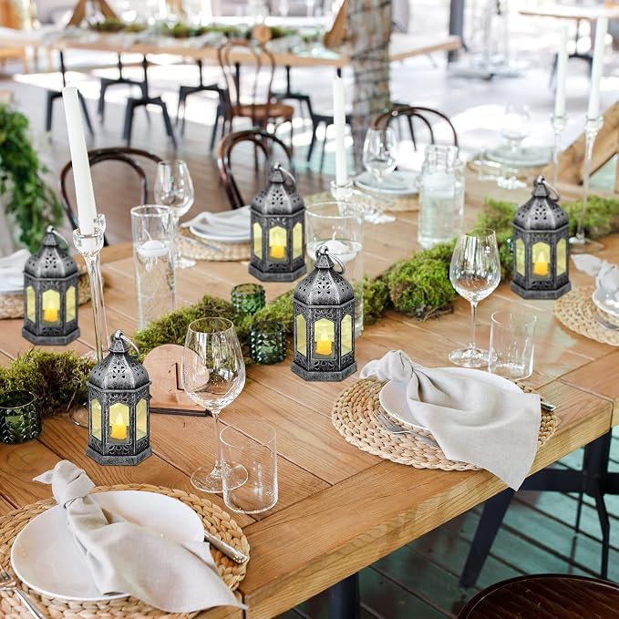 Hortsun 24 Pcs Vintage Lanterns Mini Lantern for Wedding Table Centerpiece Retro Decor with LED Candle Battery Powered Hanging for Medieval Wedding Cowboy Halloween Party Decoration Supplies(Silver)