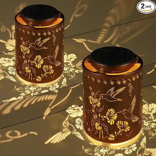 2 Pack Solar Lanterns Outdoor Waterproof Garden Decor Birthday Gifts for Women Mon Grandma Metal Hanging Solar Lights Decoration for Outside LED Lanterns for Yard Patio（Hummingbirds）