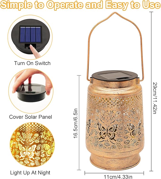 2 Pack Solar Lanterns Outdoor Butterfly Garden Decor, Birthday Gifts for Women Mom Grandma, Waterproof Metal Hanging Solar Lights LED Decoration with Shepherd Hook Outside for Yard Patio Lawn Porch