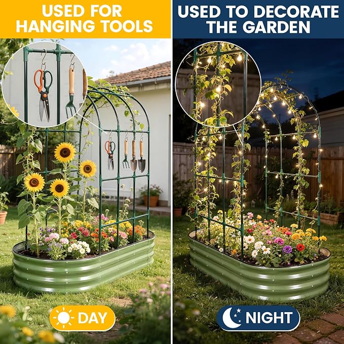 Galvanized Raised Garden Bed with Arched Trellis | 6x3x1FT Metal Raised Garden Beds Outdoor for Gardening Climbing Plant | Planter Box Outdoor with Gloves for Vegetable Flower, OliveGreen