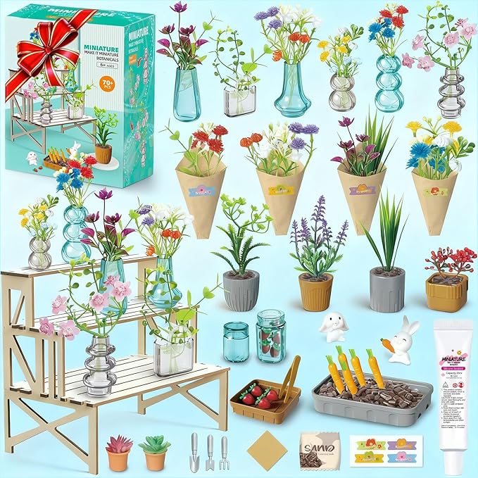 70 Pcs Make It Miniature Brands Nature Garden Plants Set with Wood Display Stand, Mini Botanical Collectibles, Paper Flower Bouquet DIY Craft Kit, Mini Greenhouse Toy Gift for Kids and Adults (Blue)