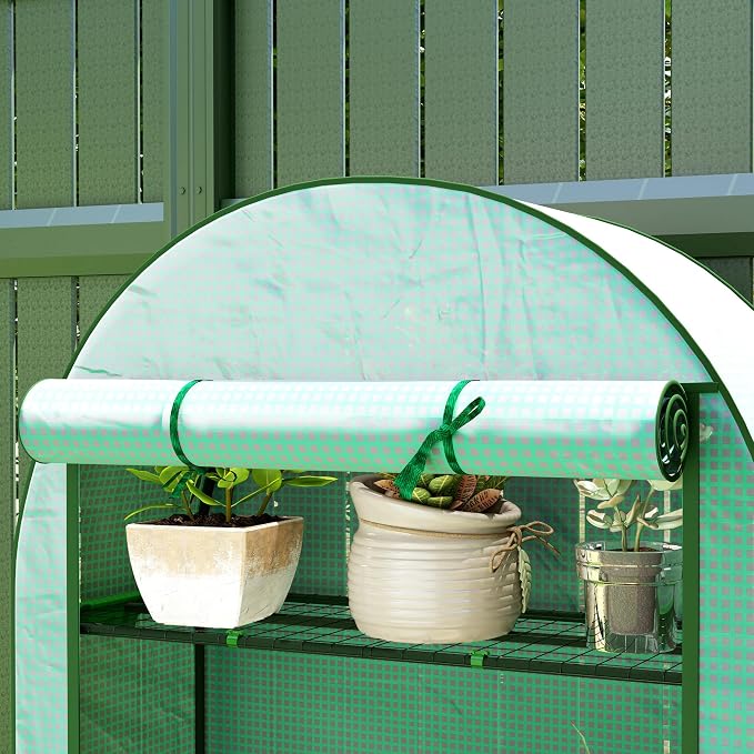 Outsunny 4 Tier Mini Greenhouse, 41.3" x 17.7" x 63" Portable Greenhouse with Roll-Up Door and PE Cover, for Backyard Garden, Green