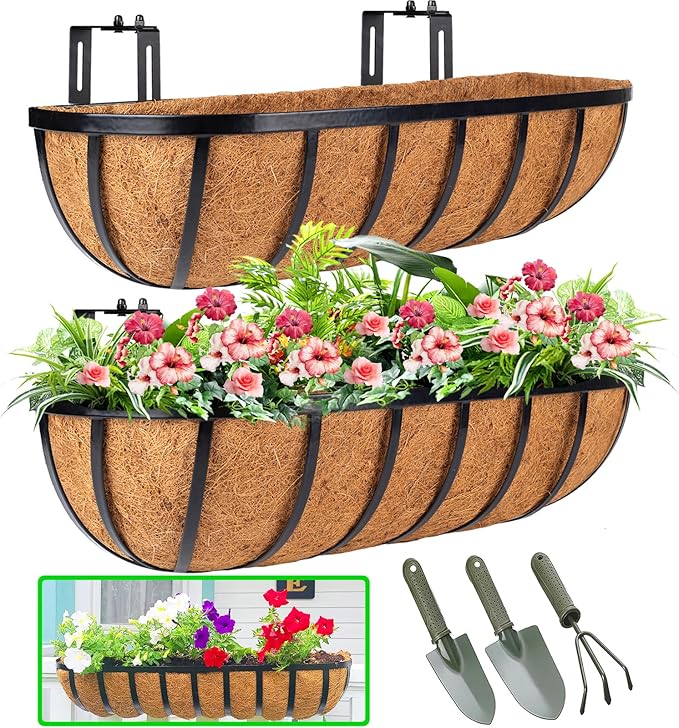 HKZ Deck Balcony Railing Planter Window Boxes - 2 Pack 30 Inch Planter Box, Balcony Planters Railing Hanging, Window Boxes Outdoor Fence Planters