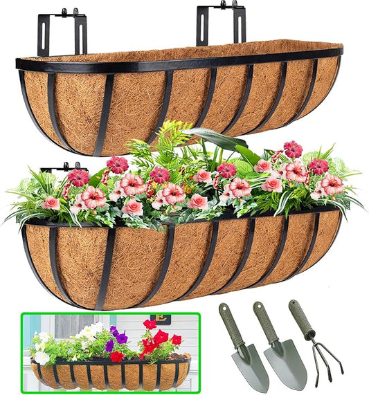HKZ Deck Balcony Railing Planter Window Boxes - 2 Pack 30 Inch Planter Box, Balcony Planters Railing Hanging, Window Boxes Outdoor Fence Planters