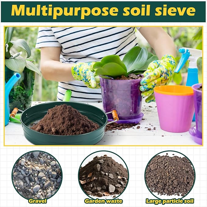 Funnymoom Soil Sifter for Gardening with 1, 3, 6, 9, 12 mm Sieve Mesh Compost Dirt Sifter with Handle Large Garden Sand Soil Rock Sieve 17.7" l x 13.8" W for Sand Rocks Pellet Gravel (Green)
