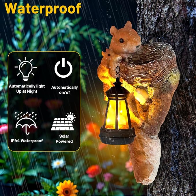 Garden Decor Squirrel Tree Hugger, Outdoor Statue with Solar Powered Lantern for Outside Porch Patio Wall Tree Fence, Housewarming Gifts for Women Mom Garden Lovers