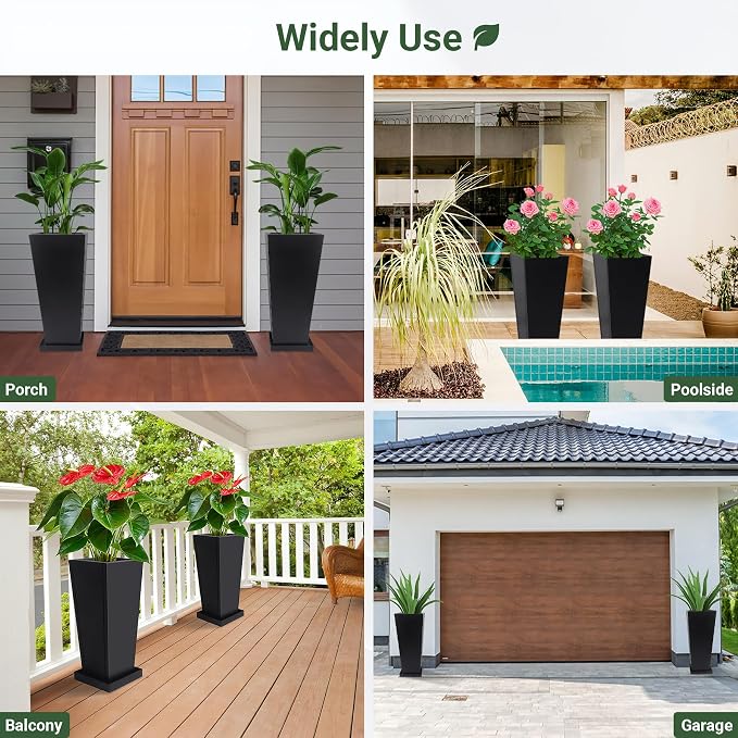 24" Metal Tall Outdoor Planters Set of 2, Durable & Wealtherproof | Tall Planters with Drainage Insert Shelve & Trays, Black Outdoor Planters for Porch, Garden, Yard