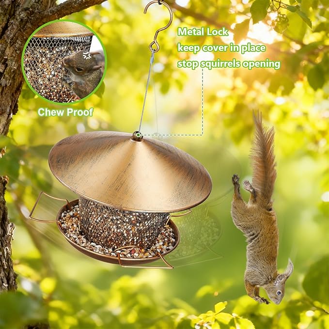 Metal Bird Feeder for Outdoor Hanging, Heavy Duty Waterproof Bird Feeder for Outside with 9.8" Roof, 3.5 LBs Seeds Capacity, Easy to Fill & Clean
