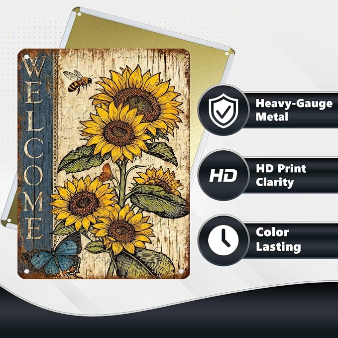 Vintage Sunflower Tin Sign Welcome Retro Garden Metal Sign Rustic Nostalgic Wall Decor For Home Garden Plaque Yard Bar Farmhouse Porch Living Room Cafe Kitchen 16 * 12 In