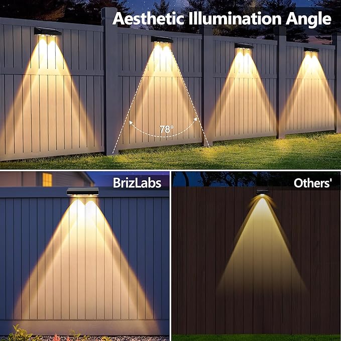 BrizLabs Fence Solar Lights Outdoor, 8 Pack 9 Colors & 11 Modes Color Changing Deck Lights, 250lm Red White & Blue Fence Deck Light IP65 Waterproof Solar Wall Light for Outside Backyard Stair Railing