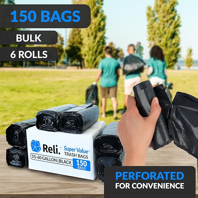 Reli. 55-60 Gallon Trash Bags Heavy Duty | 150 Trash Bags with Ties | Super Sizeable, Black, Serious Garbage Cleanup