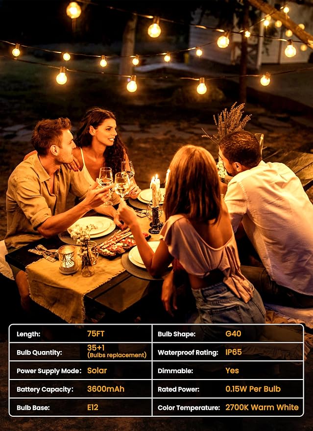 Brightown 75FT 36LED Solar String Lights Outdoor with Remote & USB Port, Shatterproof Bulbs, Dimmable & Timable, 3 Modes, Patio Lights Solar Powered with Mount Clips for Camping Backyard Garden Decor