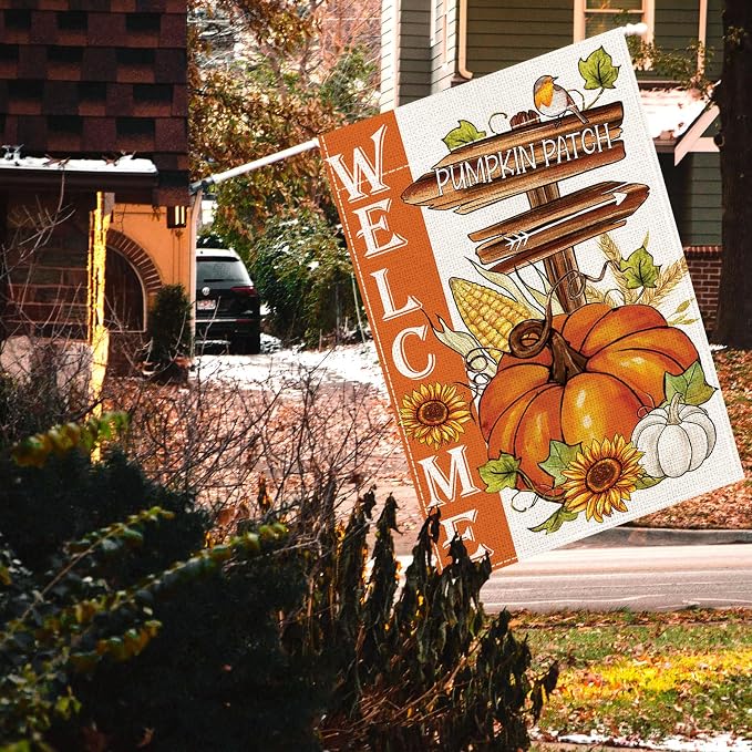 Fall Garden Flag burlap autumn vertical double Sided Fall Thanksgiving Pumpkin Garden Flag Yard Outdoor Decoration(28 * 40in)