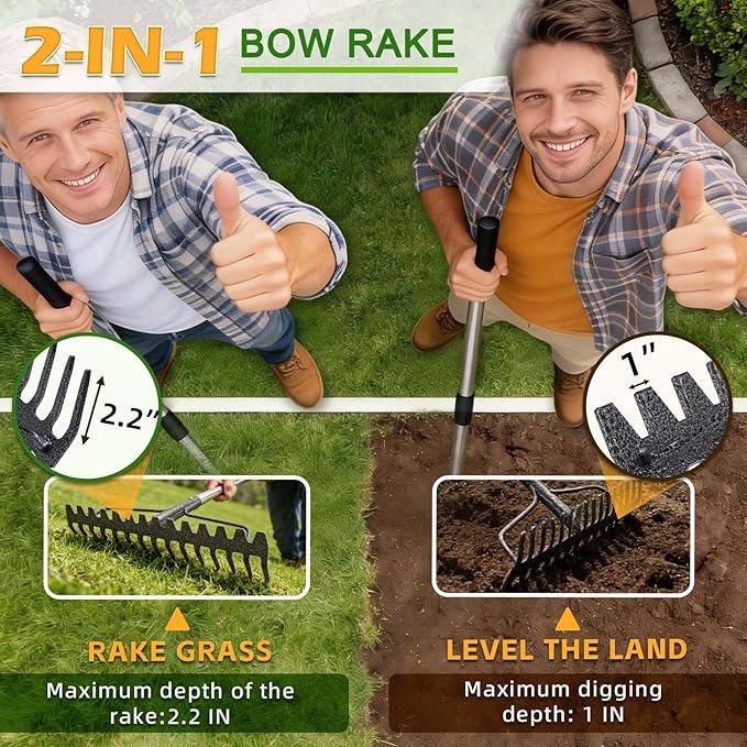 Bow Rake , 2-in-1 49in Metal Garden Lawn Rake for Weeding Digger Loosening Soil Raking Leaf Leveling Rocks Spreading Mulch Gravel 17 Tines Adjustable Garden RakeBow Rake (49 Inch)