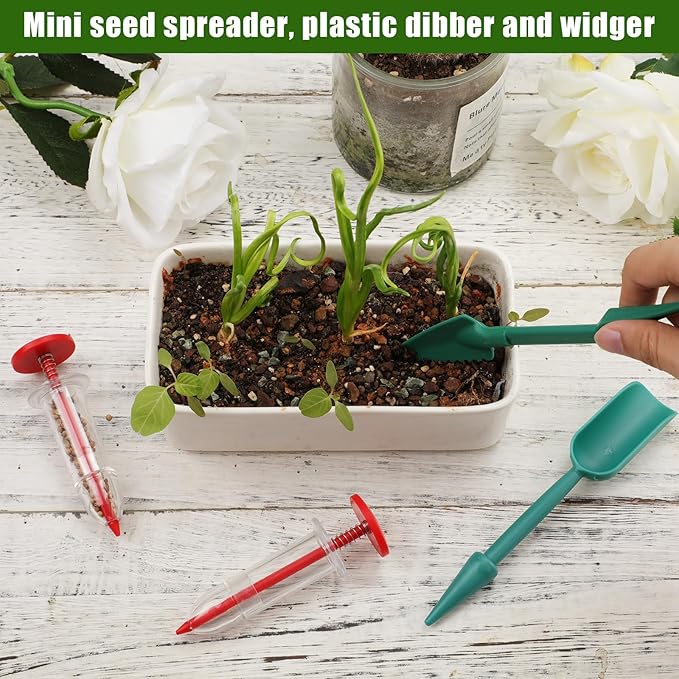 6pcs Seed Spreader Tool Set, Including 2 Small Seed Planter Sower Handheld Plastic 2 Mini Sowing Seed Dispenser 2 Tiny Seedlings Dibber and Widger Tool for Planting Gardening Vegetables Flowers