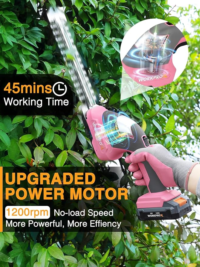WORKPROX 20V Pink Cordless Grass Shear & Shrubbery Trimmer - 2-in-1 Handheld Electric Grass Trimmer Hedge Shears/Grass Cutter with Tool Bag, Rechargeable Lithium-Ion Battery and Type-C Cable Included
