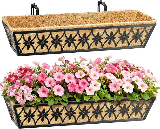 30 Inch Window Boxes Planters Railing Planter Box - 2 Pack Deck Railing Planter Boxes with Adjustable Brackets Coco Liners Balcony Planters Railing Hanging for Window Flower Boxes Outdoor Garden Decor