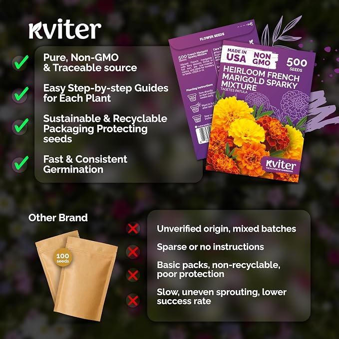 KVITER 500 French Marigold Seeds, Sparky Mix (Tagetes patula) — Marigold Flowers, Heirloom & Non GMO, Vibrant Yellow & Orange Blooms — Flower Seeds to Plant Outside, Borders, Beds, Container