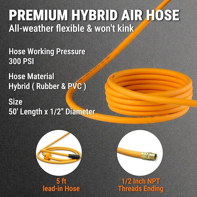Retractable Air Hose Reel, 1/2" x 50FT EPDM Rubber Air Hose, 300PSI Max, Auto-Rewind & Length-Lock, 1/2" NPT Fitting, Ceiling/Wall Mount Heavy Duty Dual Arm Steel Reel for Workshop/Garage