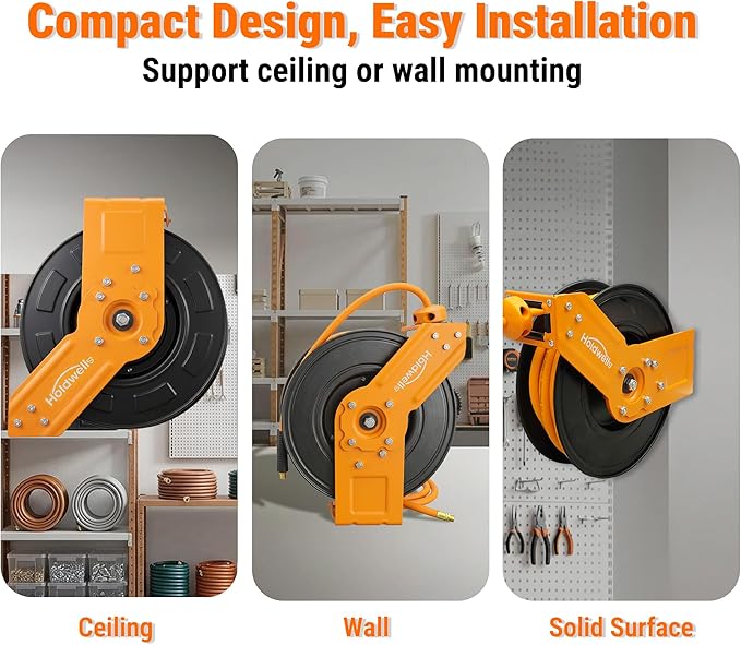 Retractable Air Hose Reel, 1/2" x 50FT Hybrid Air Hose, 300PSI Max, Auto-Rewind & Length-Lock, 1/2" NPT Fitting, Ceiling/Wall Mount Heavy Duty Single Arm Steel Reel for Workshop/Garage