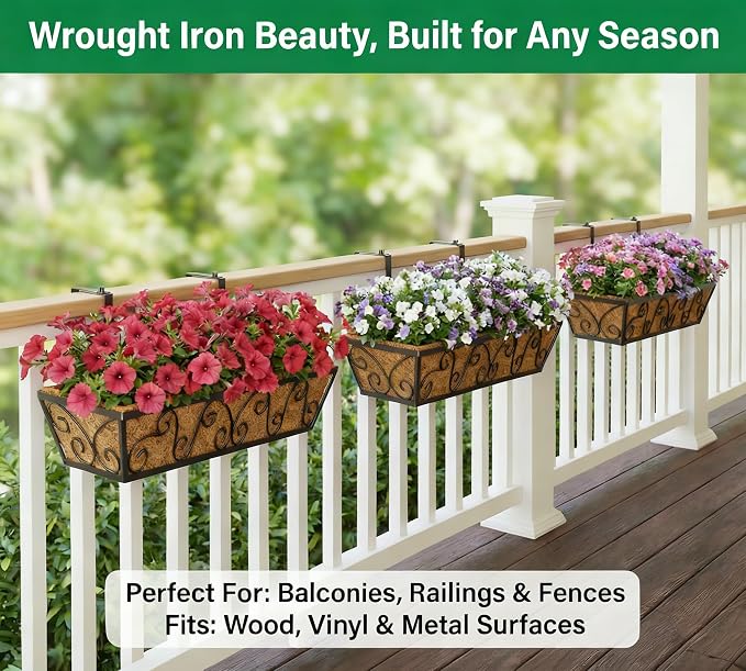 Y&M 4Pcs 30'' Large Railing Planter Boxes with Coco Liner, Outdoor Hanging Window Flower Boxes for Deck, Fence, Porch, and Patio