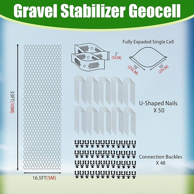 2" Thick Gravel Ground Grid 16.5ft x 33ft - Geo Grid Driveway Stabilization Grids, Gravel Retainer Grid 1885 LBS Per Sq ft, Geocell Geogrid for Walkway Driving RV Parking Slopes and Garden