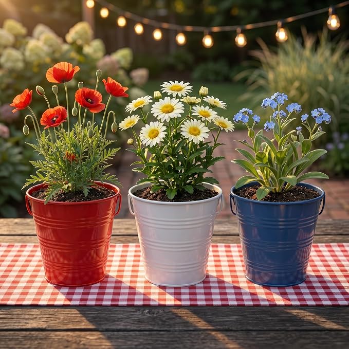 Buzzy Seeds Americana Grow Kit 3-Pack - Metal Windowsill Planter - Complete Indoor/Outdoor Gardening Kit with Seeds, Coconut Husk Growing Medium & Genuine Pots - 100% Grow Guarantee