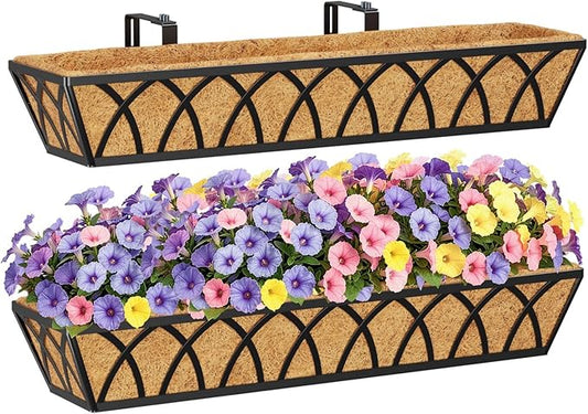 HFHOME 2 Pcs 30" Deck Railing Planter Box with Horse Trough Coco Liners, Black Window Box Metal Hanging Flower Planters Baskets for Indoor, Outdoor, Balcony, Porch, Fence, Patio, and Lawn