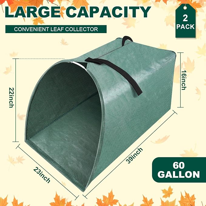 2 Pack 60 Gallon Large Leaf Collector, Dustpan-Style Lawn and Leaf Bags, Collapsible Yard Waste Bags Easy Storage & Transport, Reusable Leaf Pick Up Garden Bag for Leaves Grass Debris Lawn Trash