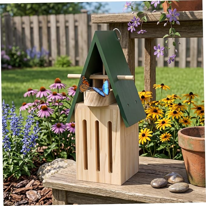 Butterfly House with Feeder - Wooden Butterfly Houses for Garden & Outside, 11.02x3.54x4.72 Inch