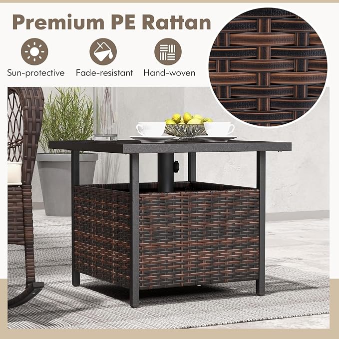 Tangkula Outdoor Table with Umbrella Hole, Rattan Umbrella Stand Table, Wicker Outside Side Table with Steel Metal Frame, Patio Bistro Table for Deck Garden Pool Yard, 22 x 22 x 18.5 Inch (Mix Brown)