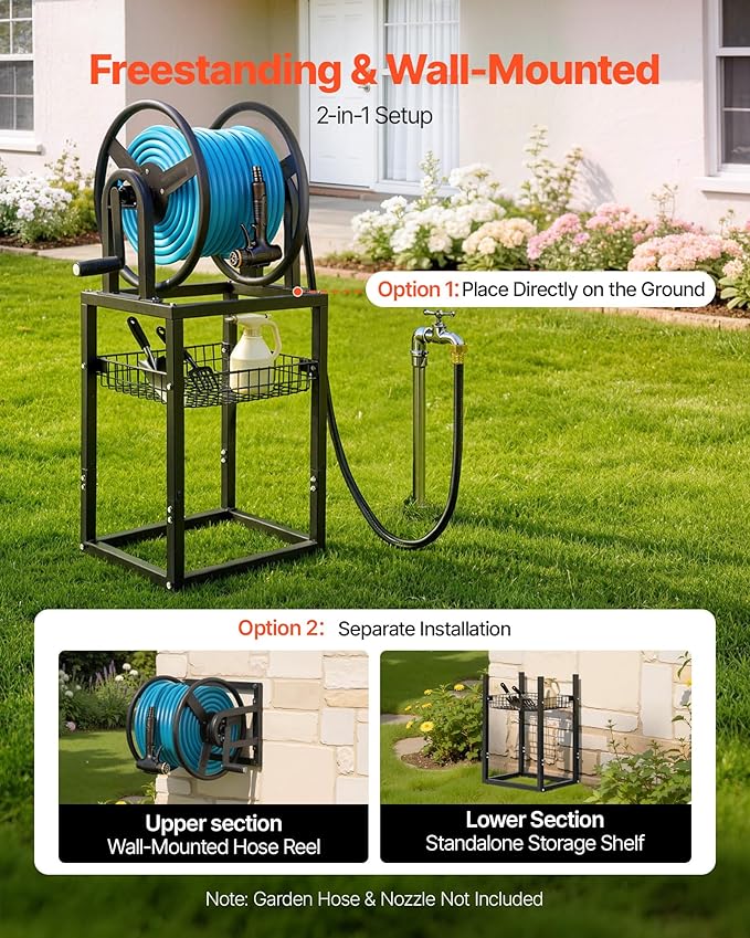 VEVOR Freestanding Garden Hose Reel, Holds 200 Feet of 5/8-inch Hose, Wall Mount or Ground Mount, Detachable Holder Stand with Storage Rack, 5 ft Leader Hose, Brass Fitting, 4 Spikes, for Backyards