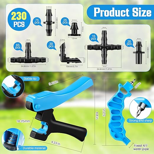 Feekoon Irrigation Drip Tools with Barbed Connectors, 2-in-1 Drip System Punch Tool for 1/4" Fitting, 16 20 25mm PE Pipe & Emitter; Ideal for Garden & DIY Watering System(Blue,230 Irrigation Plugs)