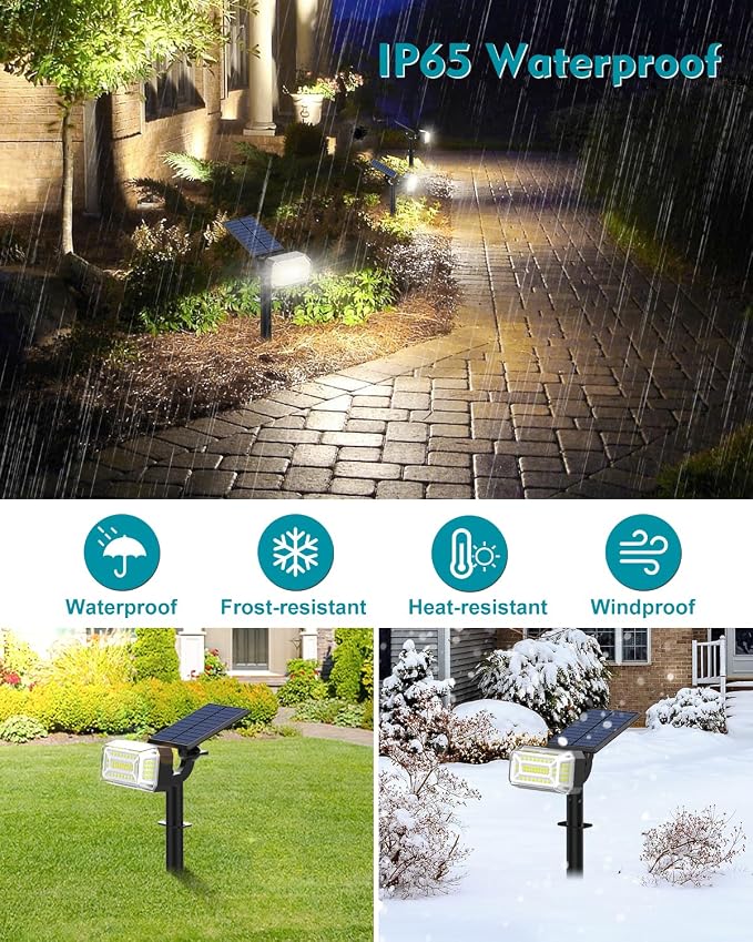 Solar Spot Lights Outdoor Waterproof IP65, [102 LEDs/2 Pack] Solar Spotlights with Adjustable Light & Panel, 4 Modes Landscape Flood Powered Lights for Outside Yard Garden Pathway（Cool White