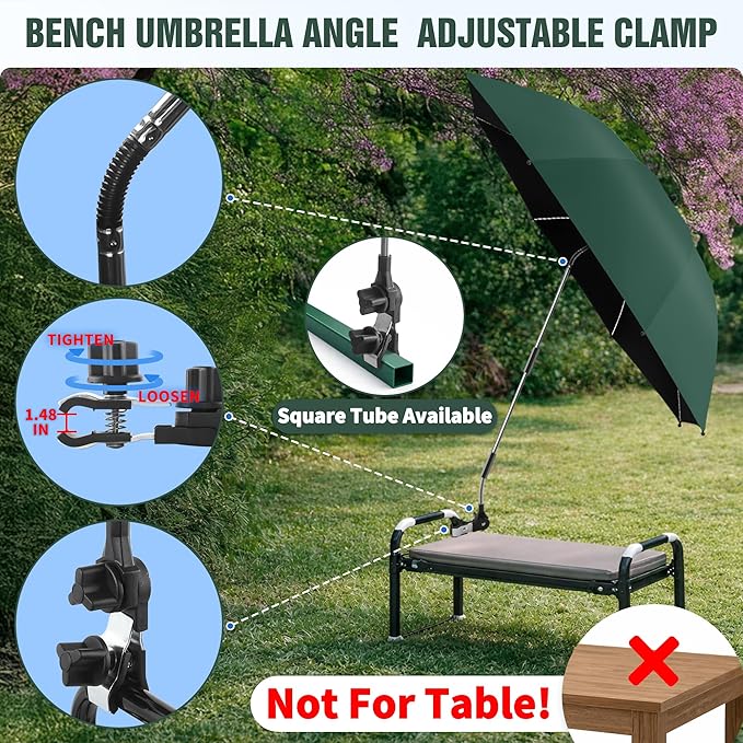 Garden Kneeler Umbrella, 42” Large Chair Umbrella with Universal Clamp, 360°Swivel and UPF 50+ Protection,Folding Clip on Umbrellas for Garden Seat Kneeling Bench Camping Chair, NO KNEELER