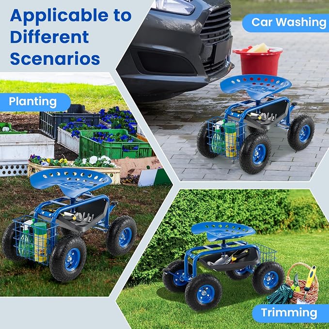 IRONMAX Garden Cart with Seat, Gardening Rolling Stool Scooter with 10’’ All-Terrain Wheels, Convenient Pull Handle & Tool Tray and Basket for Outdoor Planting (Blue)