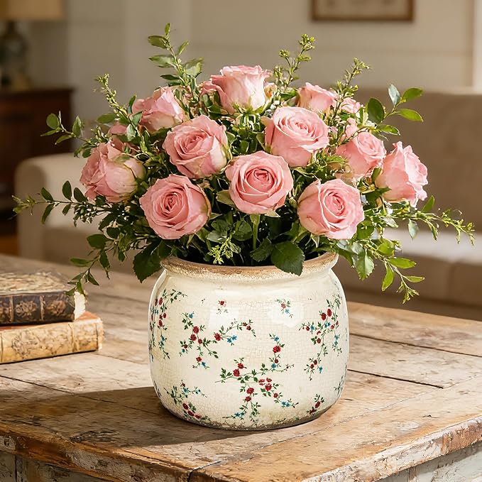 Sungmor Set of 2 Farmhouse Ceramic Planters with Drainage Hole,Vintage Crackle Glaze Flower Pots, Tuscan Decor Pots for Indoor/Outdoor Herbs,Succulents and Small Flowers