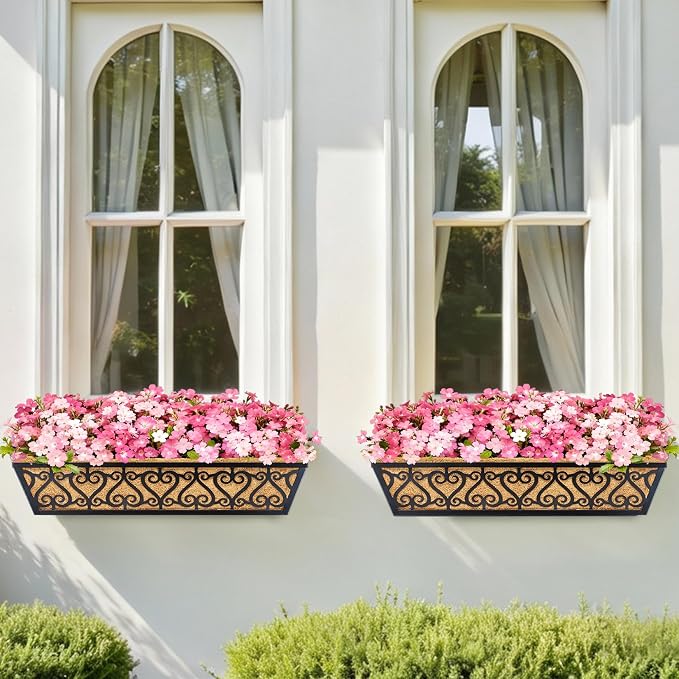 2 Pack 24 Inch Deck Railing Planter Box - Window Boxes Planters with Adjustable Brackets Coco Liners Balcony Planters Railing Hanging for Window Flower Boxes Outdoor Garden Decor