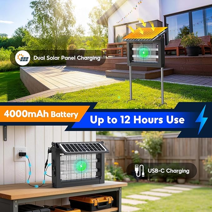 Solar Bug Zapper Outdoor, 4500V Electric Mosquito Zapper with Dual Solar Panels, Auto On/Off Mosquito Killer, IPX5 Waterproof Fly Trap for Backyard Patio Garden Camping, 1/2 Acre Coverage