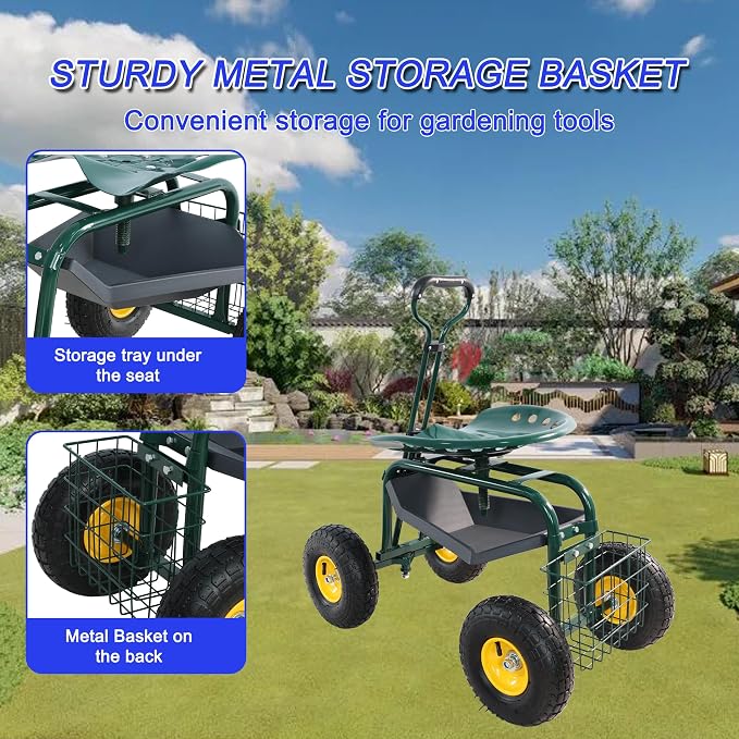 Heavy Duty Garden Cart Rolling Scooter with Adjustable Swivel Seat, 360° Rotation, 10" Pneumatic Tires, Extendable Steering Handle & Tool Basket – Outdoor Yard Gardening Seat with Storage Tray (Green)
