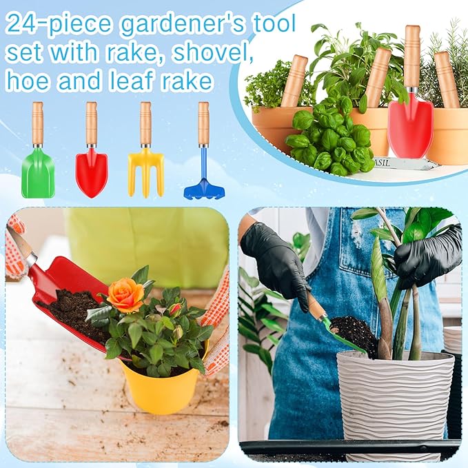 24 Pcs 8" Kids Gardening Tools, Metal Beach Sandbox Digging Toys with Wooden Handle, Including Shovel, Rake, Fork and Trowel, Garden Sand Snow Tools for Children Gift Outdoor Gardening