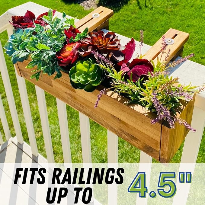 Patio Wise Acacia Wood Railing Planter Box, Outdoor Hanging Flower, Plant, & Herb Boxes, 20-Inch Wide x 5-Inch Tall x 4.5-Inch Deep Rectangular Porch, Deck, & Balcony Planters, Teak Color