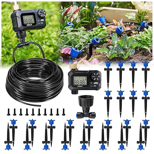 HIRALIY 100FT Drip Irrigation System with Timer, Pressure Compensated Watering Kit with 24 Adjustable Emitters, Quick Connect Garden Irrigation for Raised Beds, Greenhouses and Garden Rows